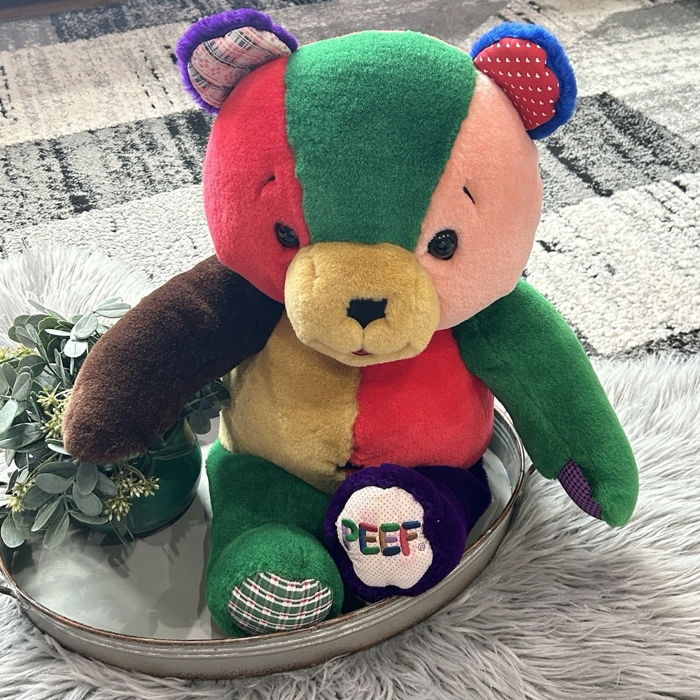 VTG 1996 Peef Bear Christmas Teddy Colorblock Plush Stuffed Animal 14" Squeaker